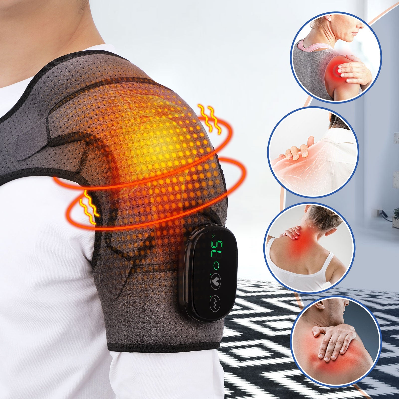 Electric Heated Shoulder Brace – LED Display, Vibration Massage & Pain Relief Support